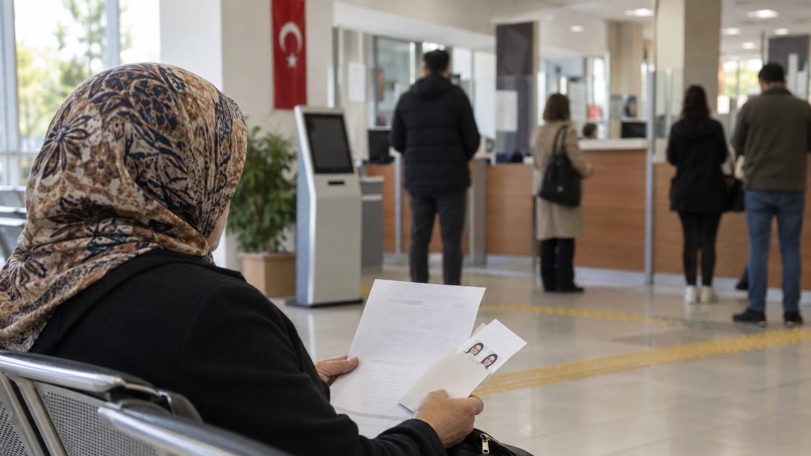 Nüfus müdürlüğü bekleme salonunda elinde başvuru belgesi ve fotoğraf zarfı tutan kadın, arkada gişeler ve bekleyen insanlar