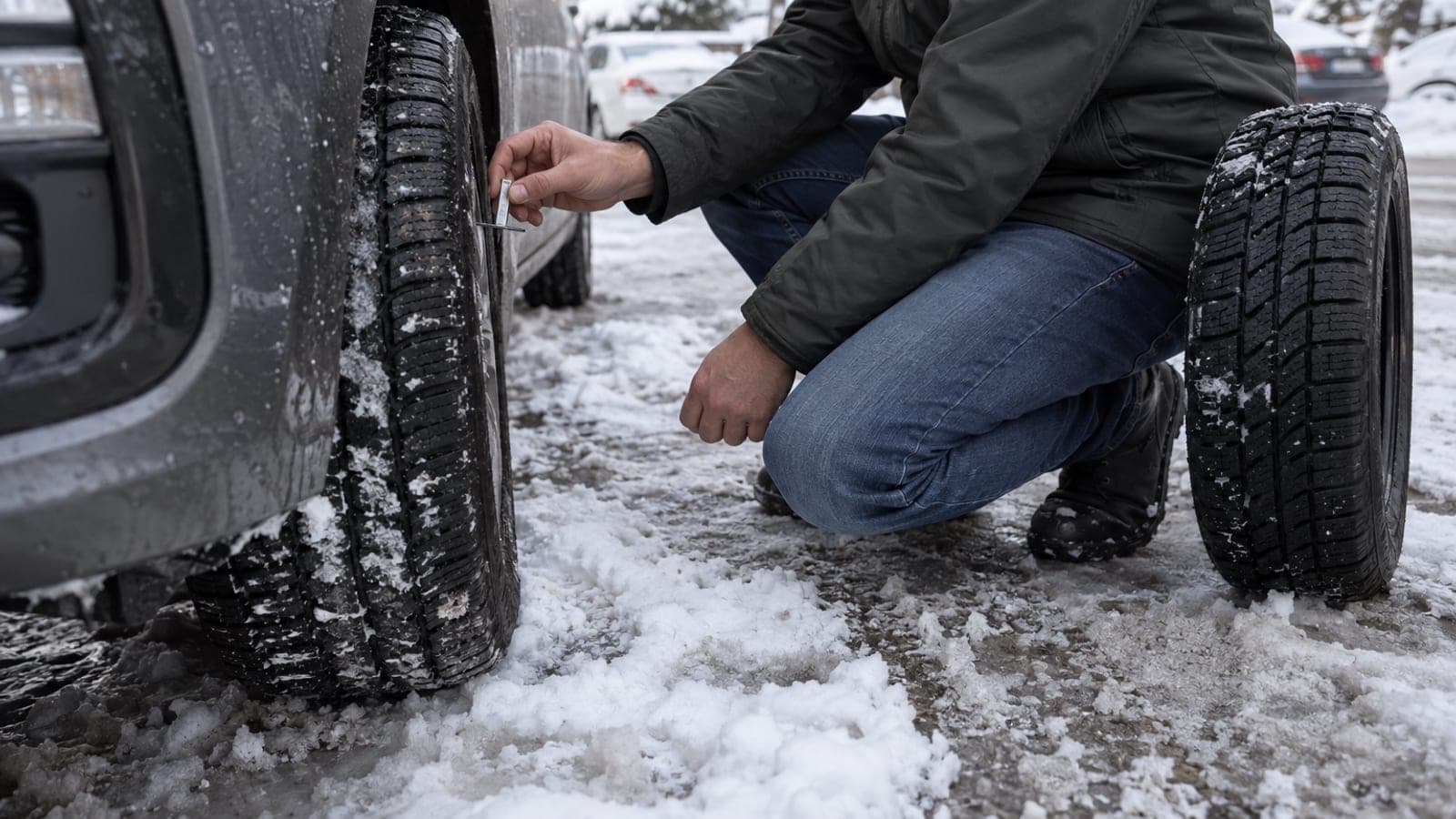 Karlı otoparkta çömelmiş bir sürücü, ölçüm çubuğunu araç lastiğinin diş kanalına dayayarak derinliği kontrol ediyor.