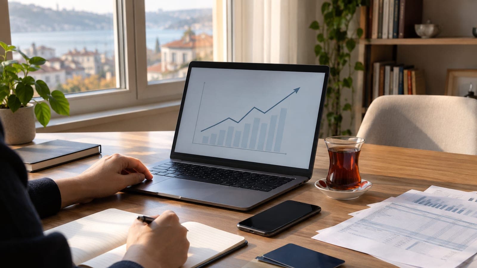 Ev masasında dizüstü bilgisayarda yükselen bir grafik, yanında telefon, kredi kartları ve ekstre kâğıtları