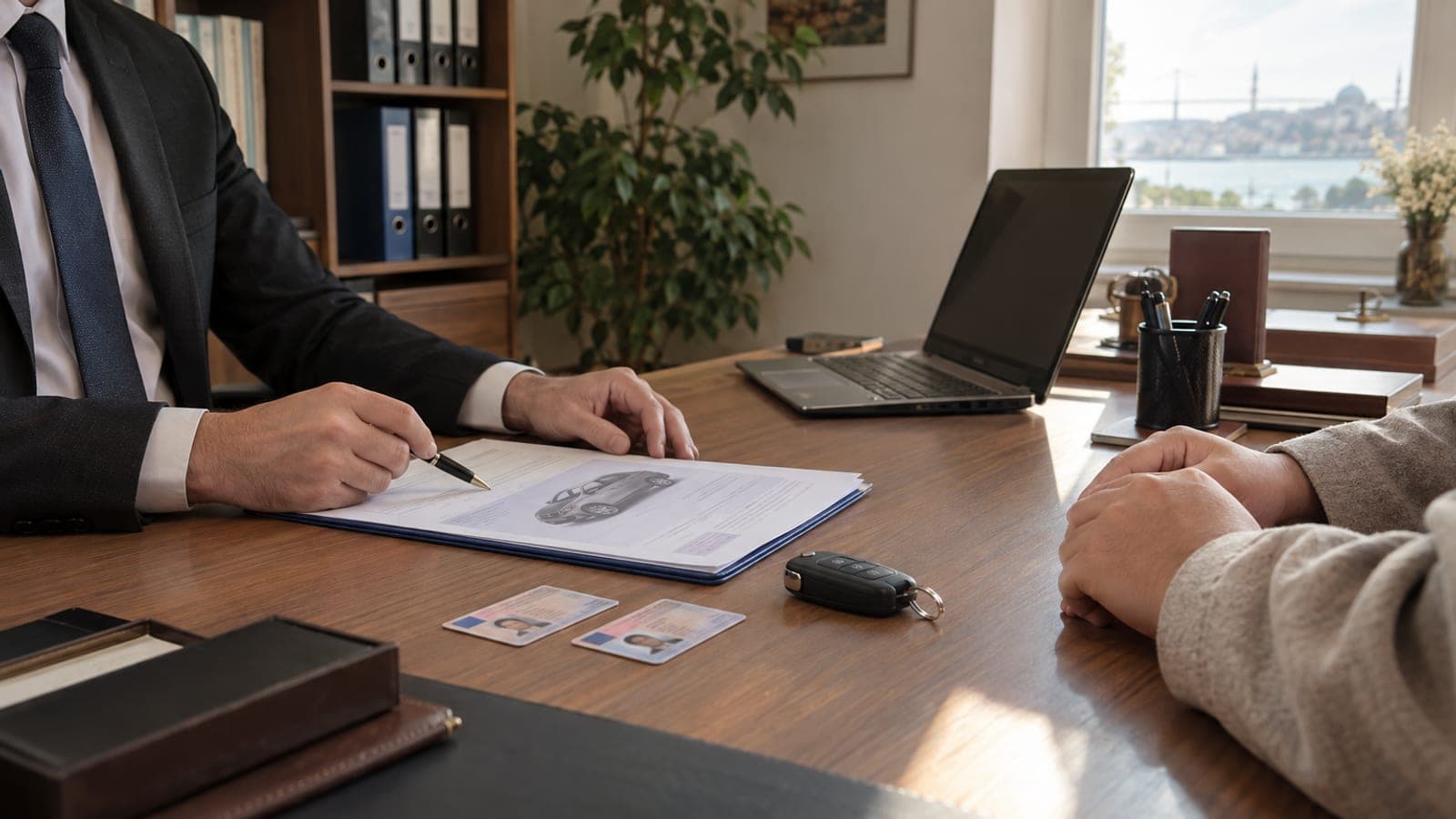 Noter masasında araç anahtarı, ruhsat ve kimlik kartları; iki kişi devir sözleşmesini imzalamak üzere karşılıklı oturuyor.