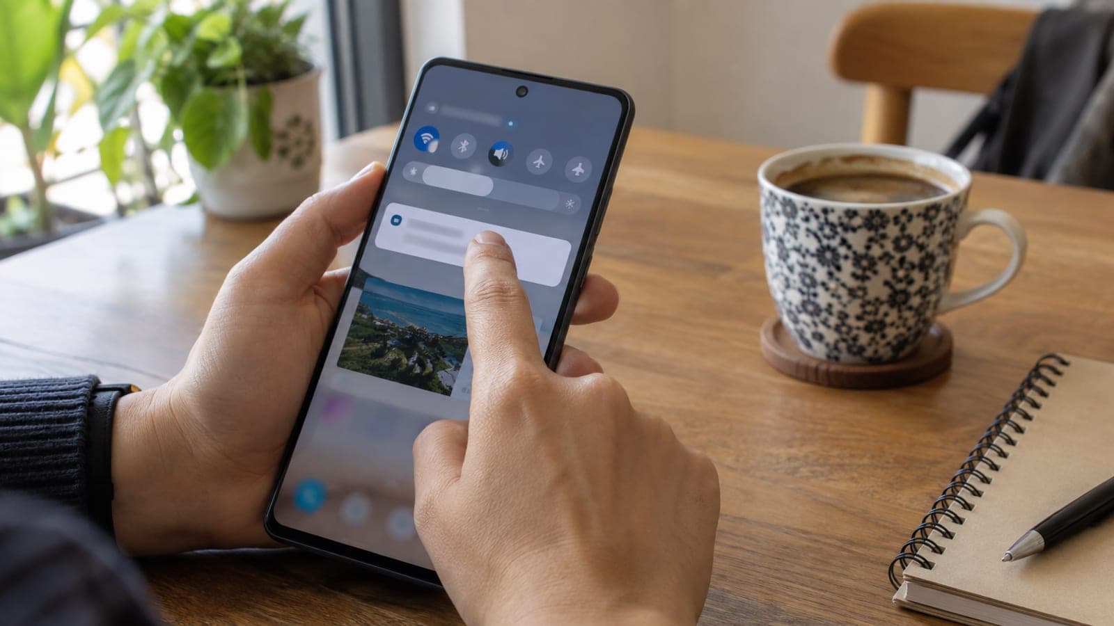 Bir el, Samsung telefon ekranındaki bildirimi ekranın ortasına doğru sürüklüyor; arka planda ahşap masa ve kahve fincanı var.