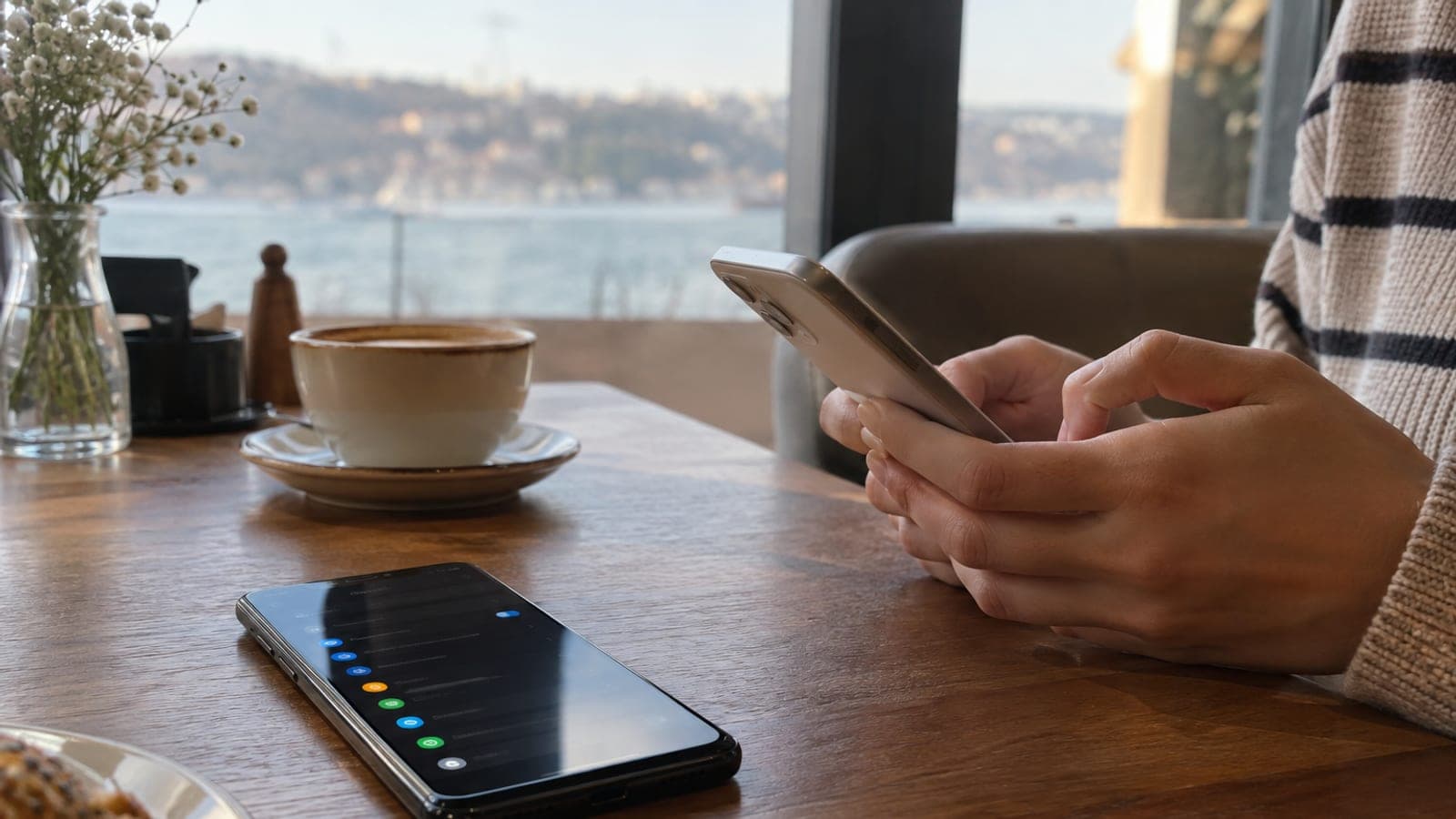 Masada duran bir Samsung telefonun ayarlar ekranı ve yanında ikinci bir telefondan mesaj yazan bir el