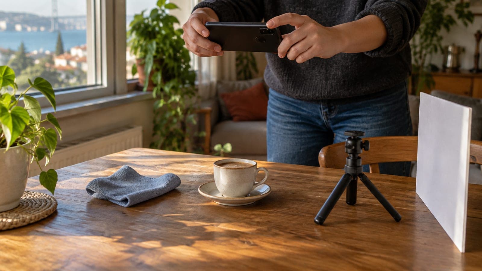 Pencere ışığında iki eliyle telefon tutan kişi, masadaki kahve fincanını çekiyor; yanında mini tripod ve mikrofiber bez var.