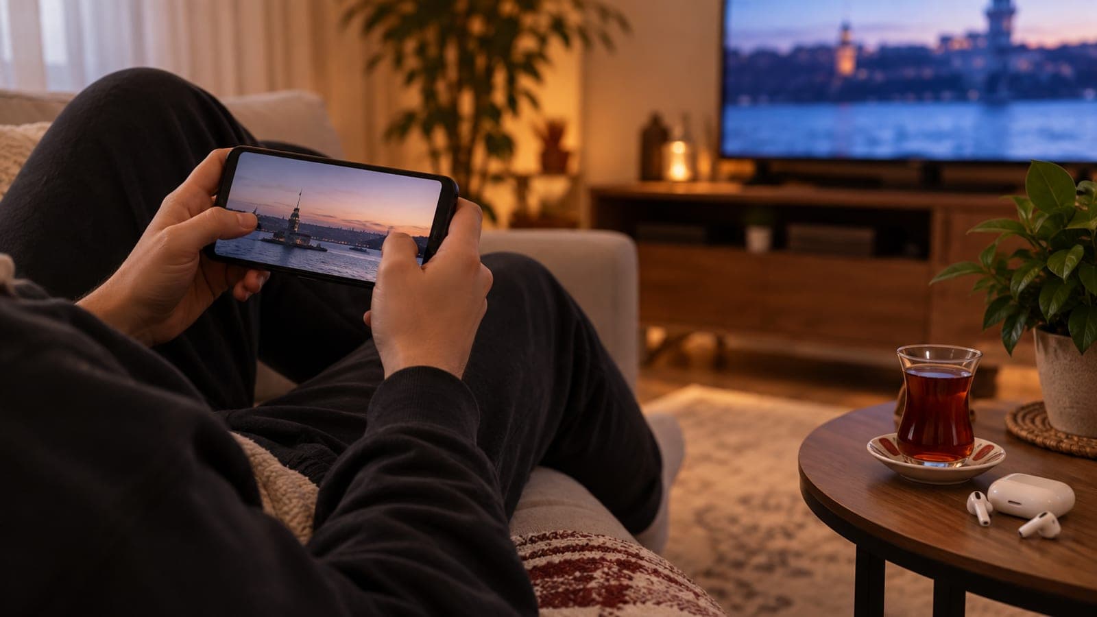 Kanepede oturan bir kişi elindeki telefondan video izliyor, yanındaki sehpada çay bardağı ve kulaklık var.