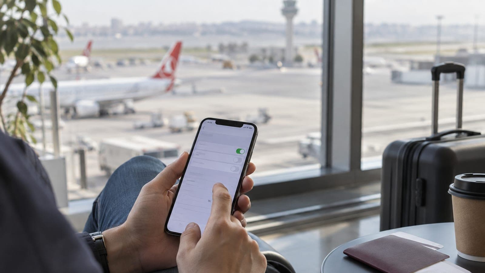 Havalimanında oturan yolcunun elinde telefon, ekranda hat ayarları menüsü; yanında pasaport, biniş kartı ve kabin valizi.