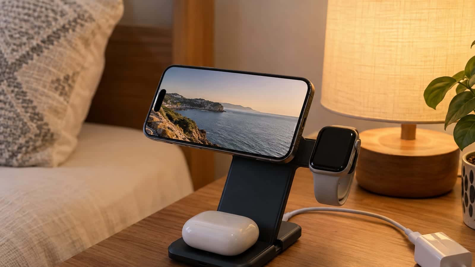 Komodinde açılmış üçlü şarj standında yatay telefon, akıllı saat ve kulaklık kutusu aynı anda şarj oluyor.