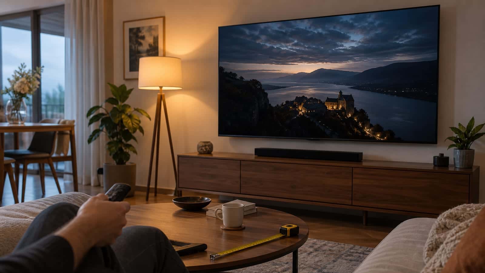 Salondaki duvara monte büyük OLED televizyon, altında ahşap ünite, kumanda ve şerit metre ile akşam aydınlatması