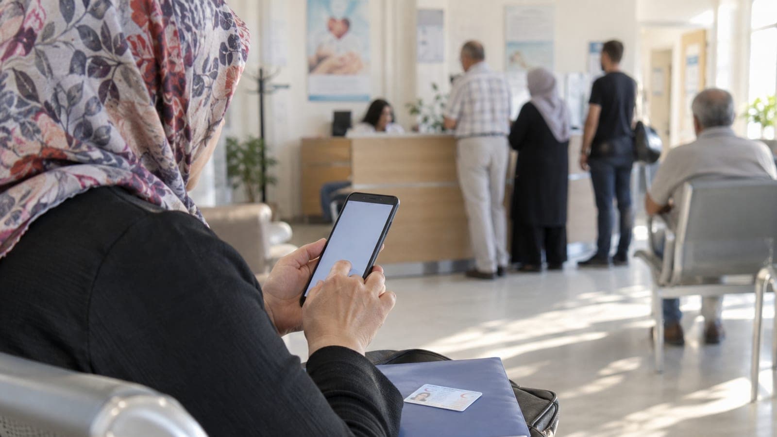 Aile sağlığı merkezi bekleme alanında telefonuna bakan kadın, yanında kimlik kartı ve dosyası duruyor.