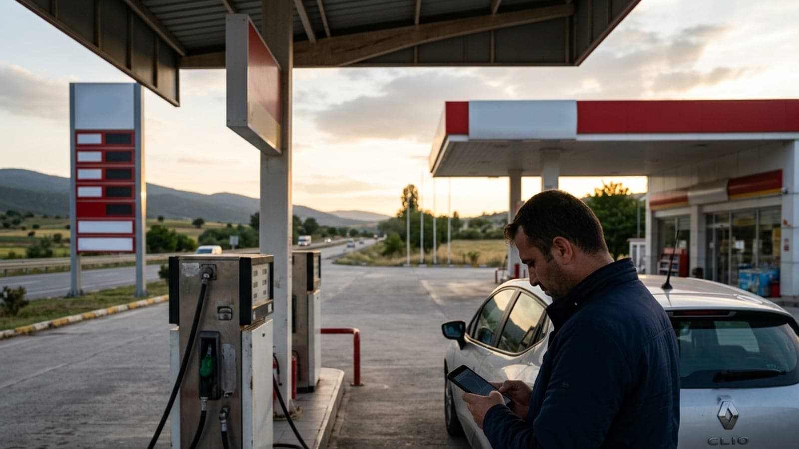 Yol kenarındaki akaryakıt istasyonunda pompa adaları ve fiyat panosu, sürücü telefonda istasyon bilgisine bakıyor.
