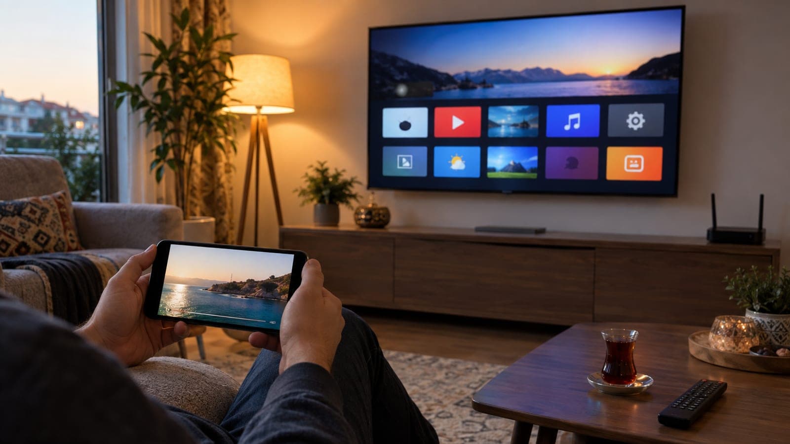 Oturma odasında akıllı TV'nin uygulama menüsü açık; koltuktaki kişi elindeki telefondan yayın gönderiyor, sehpada kumanda duruyor.