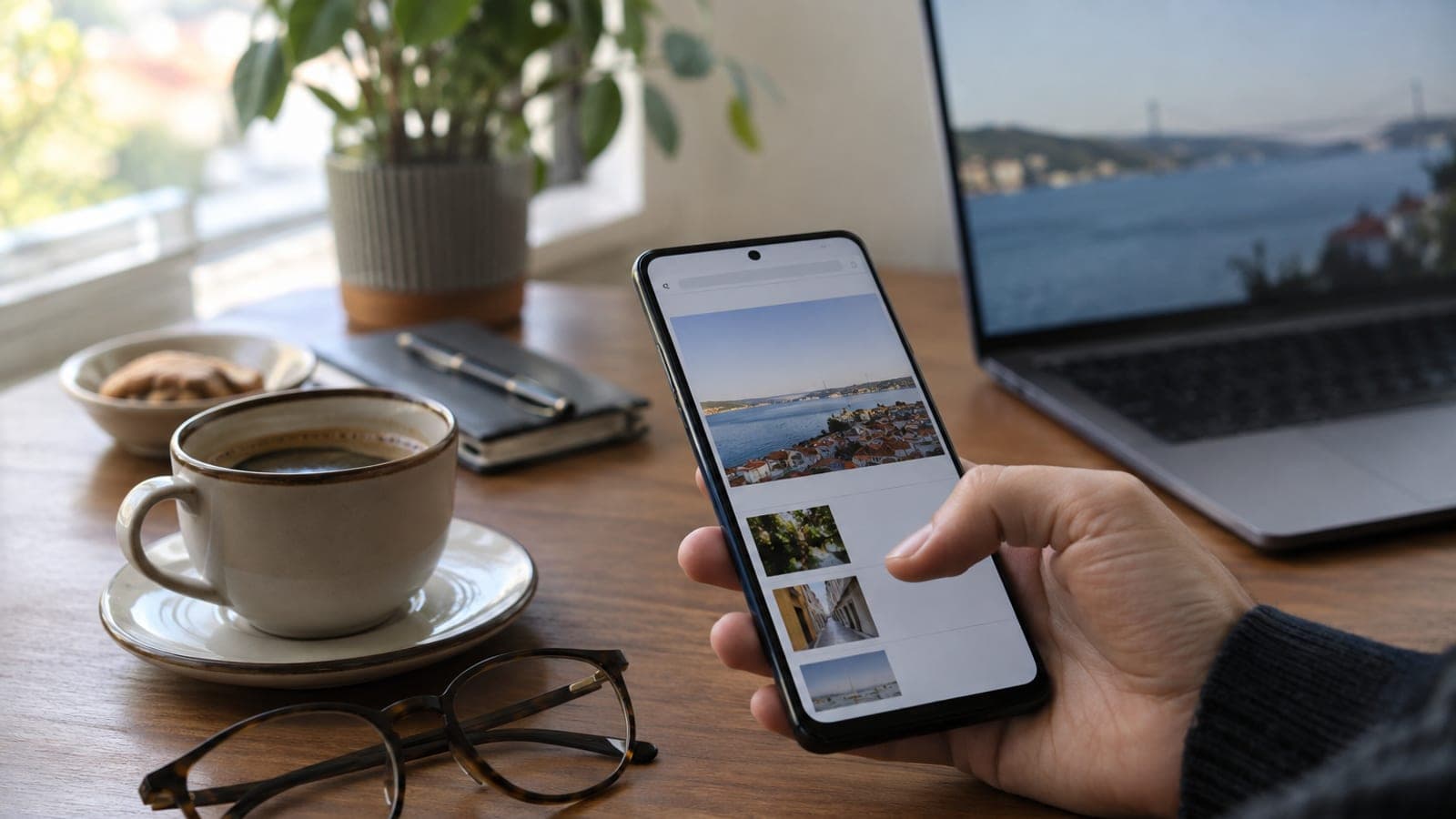 Masada tarayıcı sekmesi açık duran bir Android telefon, yanında kahve fincanı ve gözlük