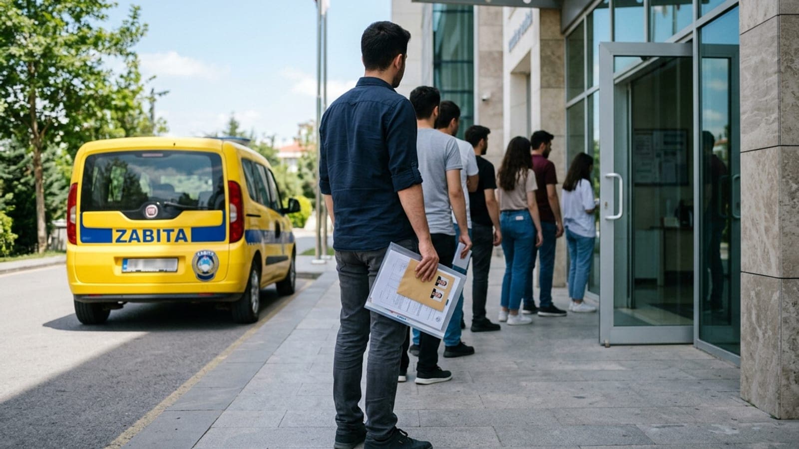 Belediye binası önünde evrak dosyasıyla bekleyen zabıta adayları ve arka planda zabıta aracı