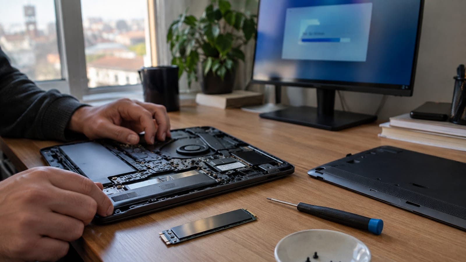 Açık laptop kapağının yanında masada duran yeni M.2 SSD, tornavida ve vidalar; arka planda disk kopyalama ekranı