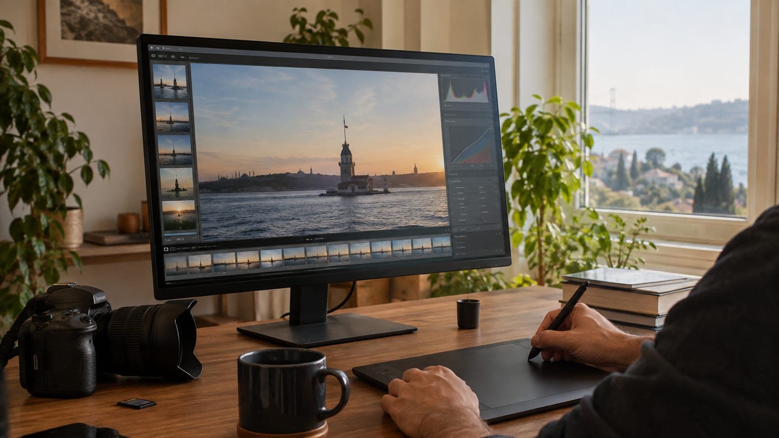 Fotoğraf düzenleme ekranının açık olduğu monitör, yanında fotoğraf makinesi, hafıza kartı ve grafik tablet bulunan çalışma masası