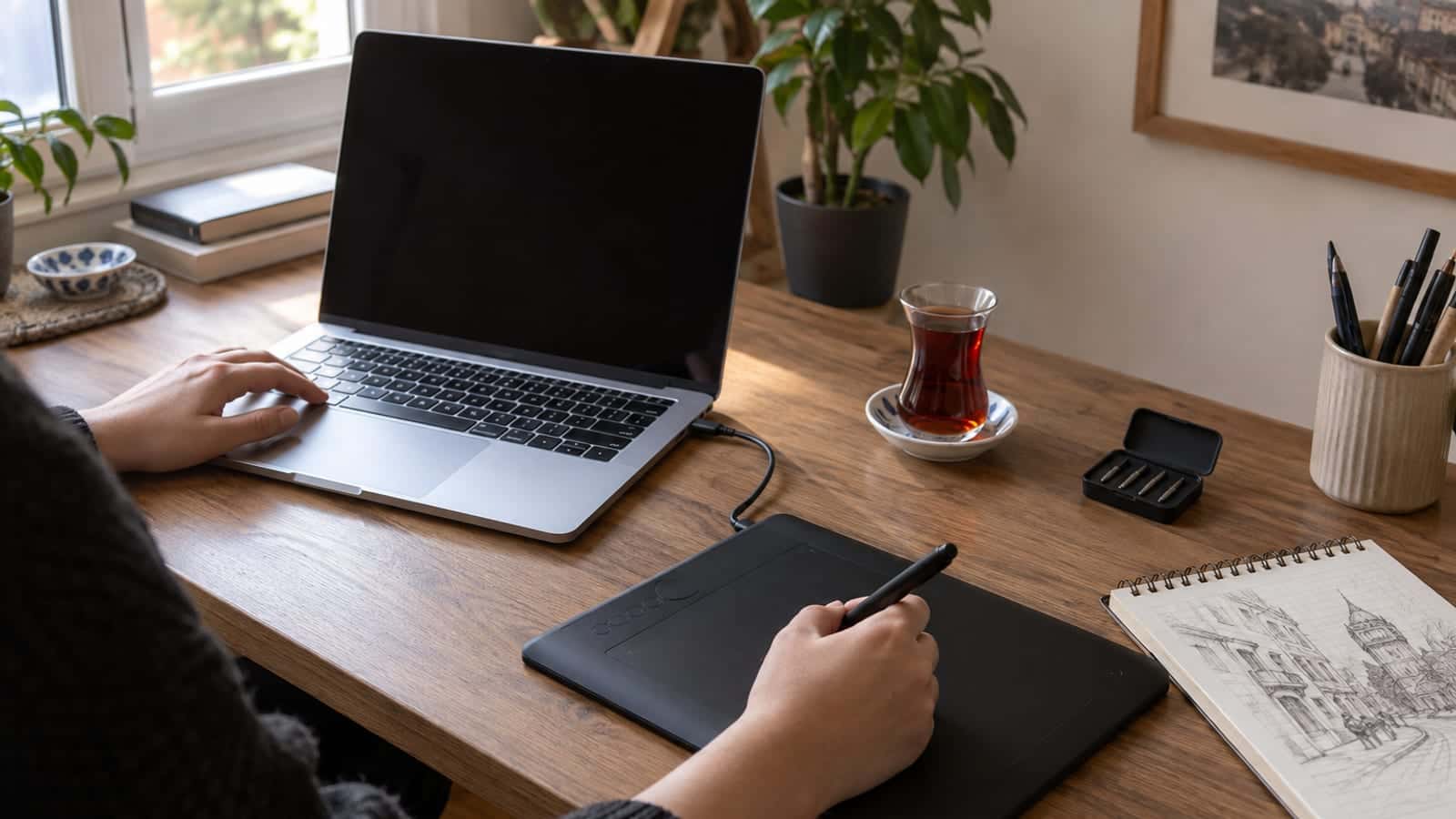 Masada USB-C kabloyla Chromebook'a bağlı siyah çizim tableti, üzerinde kalemi ve yanında eskiz defteri