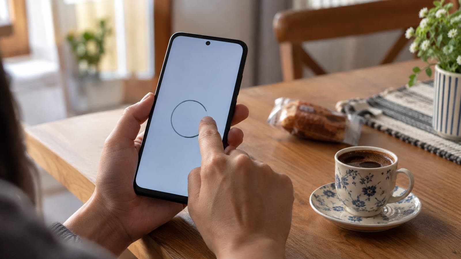 Bir el, Android telefon ekranındaki içeriği parmağıyla daire içine alıyor; arkada masada kahve fincanı ve paketli bir ürün duruyor.