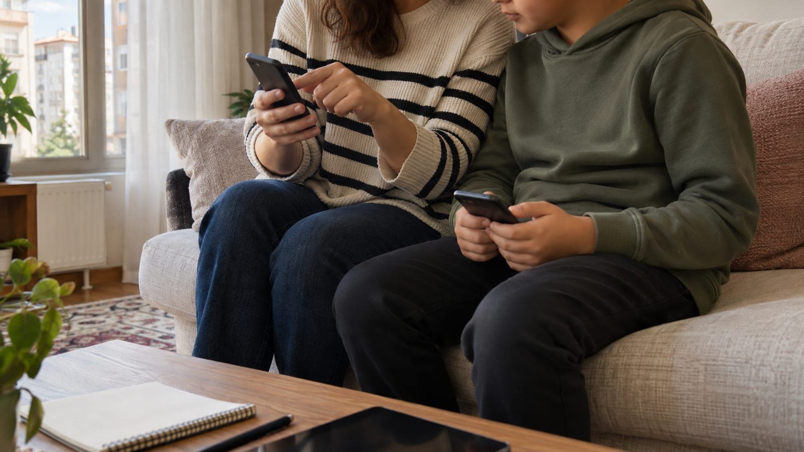 Kanepede oturan ebeveyn, elindeki telefondaki ayarlar ekranını yanındaki çocuğa gösteriyor; sehpada tablet ve not defteri var.