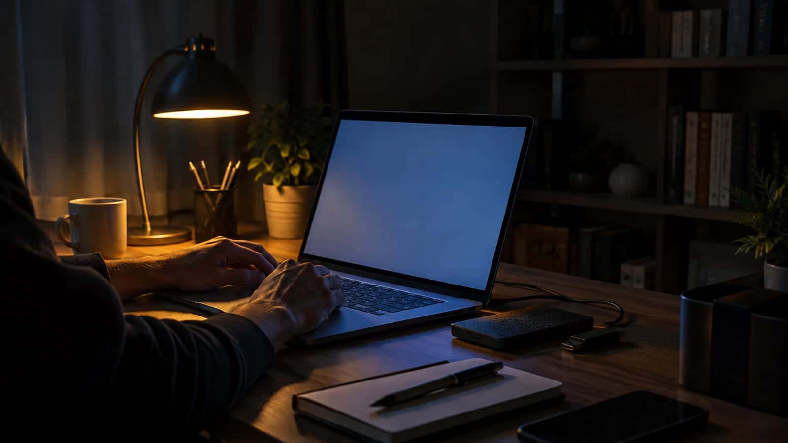 Karanlık bir odada masa lambası ışığında dizüstü bilgisayar; yanında harici disk, USB bellek ve not defteri var.