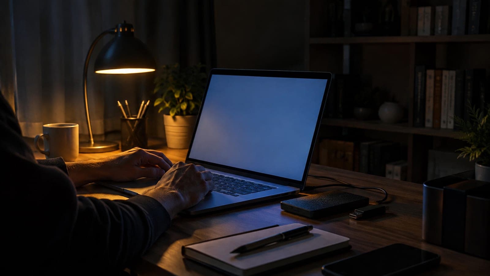 Karanlık bir odada masa lambası ışığında dizüstü bilgisayar; yanında harici disk, USB bellek ve not defteri var.