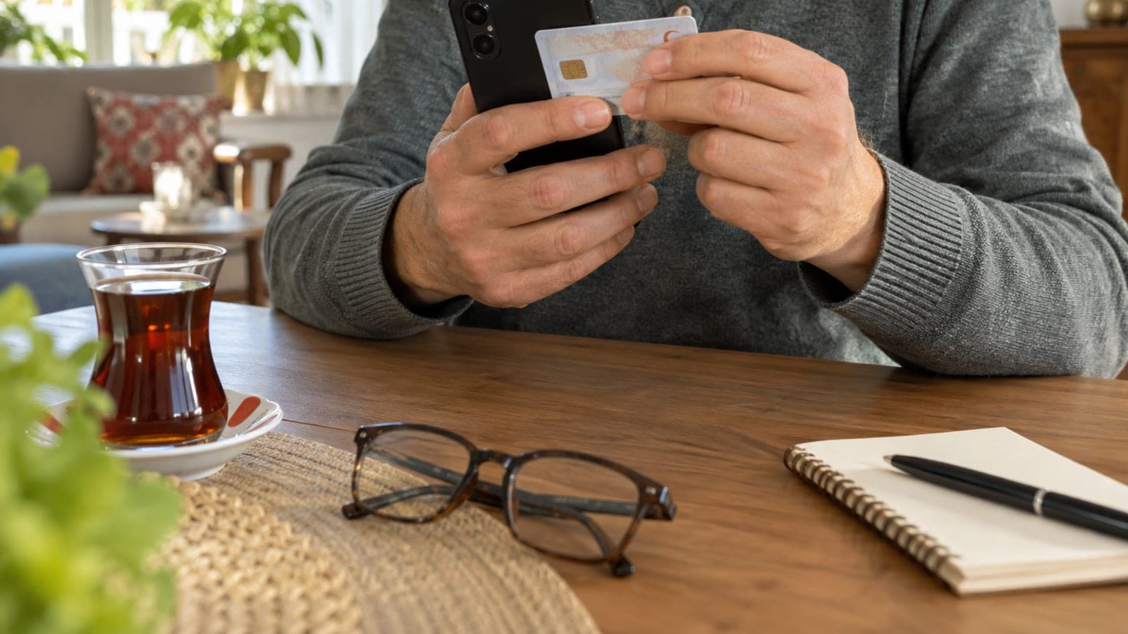 Bir kişi evde masa başında, kimlik kartını akıllı telefonun arkasına yaslayarak NFC ile okutuyor.
