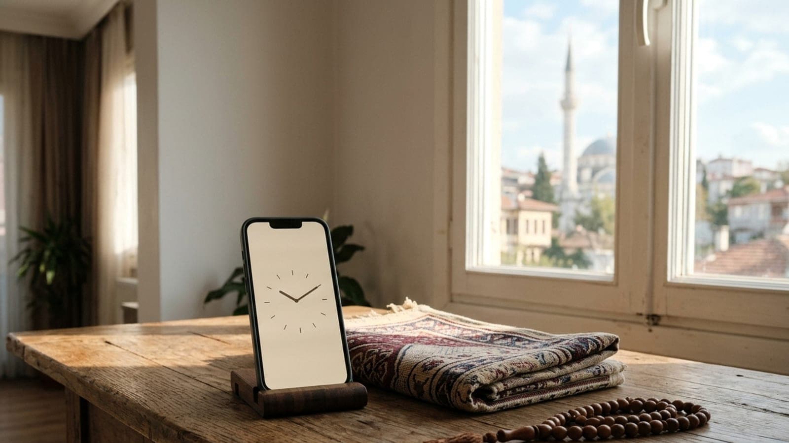 Masada telefon, seccade ve tesbih; pencereden öğle ışığı ve cami silueti görünüyor.
