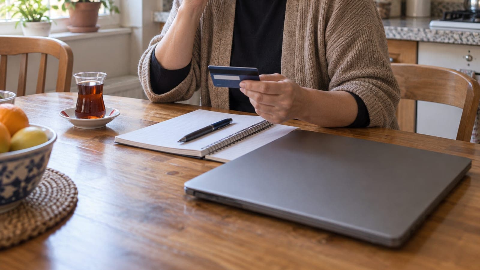 Mutfak masasında oturan kişi telefonla konuşurken banka kartını elinde tutuyor, önünde defter ve kalem var.