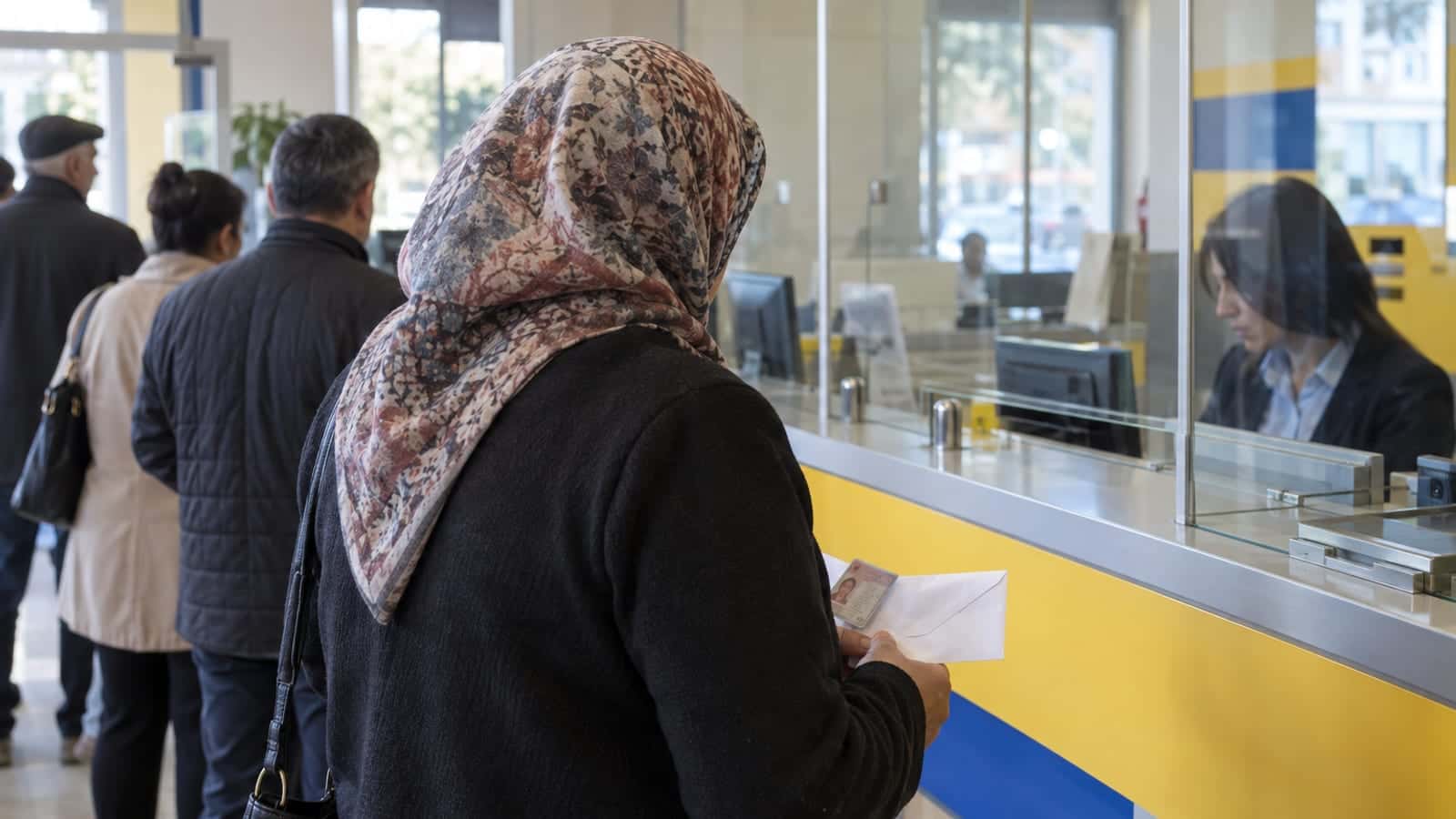 PTT şubesi gişesinin önünde elinde kapalı zarf ve kimlik kartı tutan kadın, arkada bekleyen müşteriler