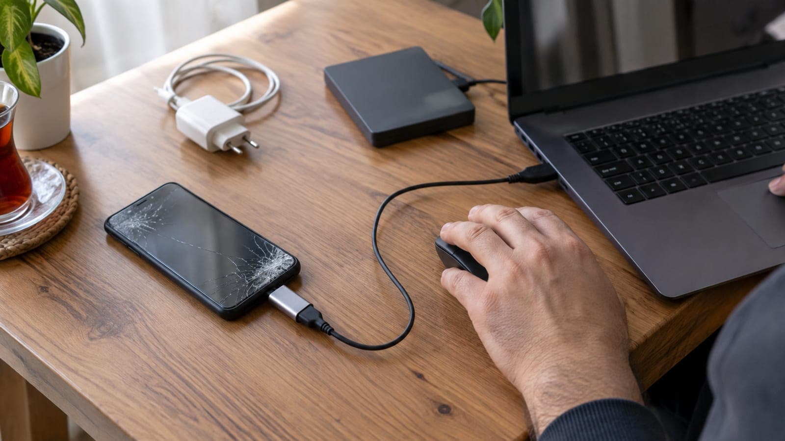 Çatlamış ekranlı bir telefon, OTG adaptörle bağlanmış kablolu fare ve arkada açık dizüstü bilgisayar bulunan ahşap masa.