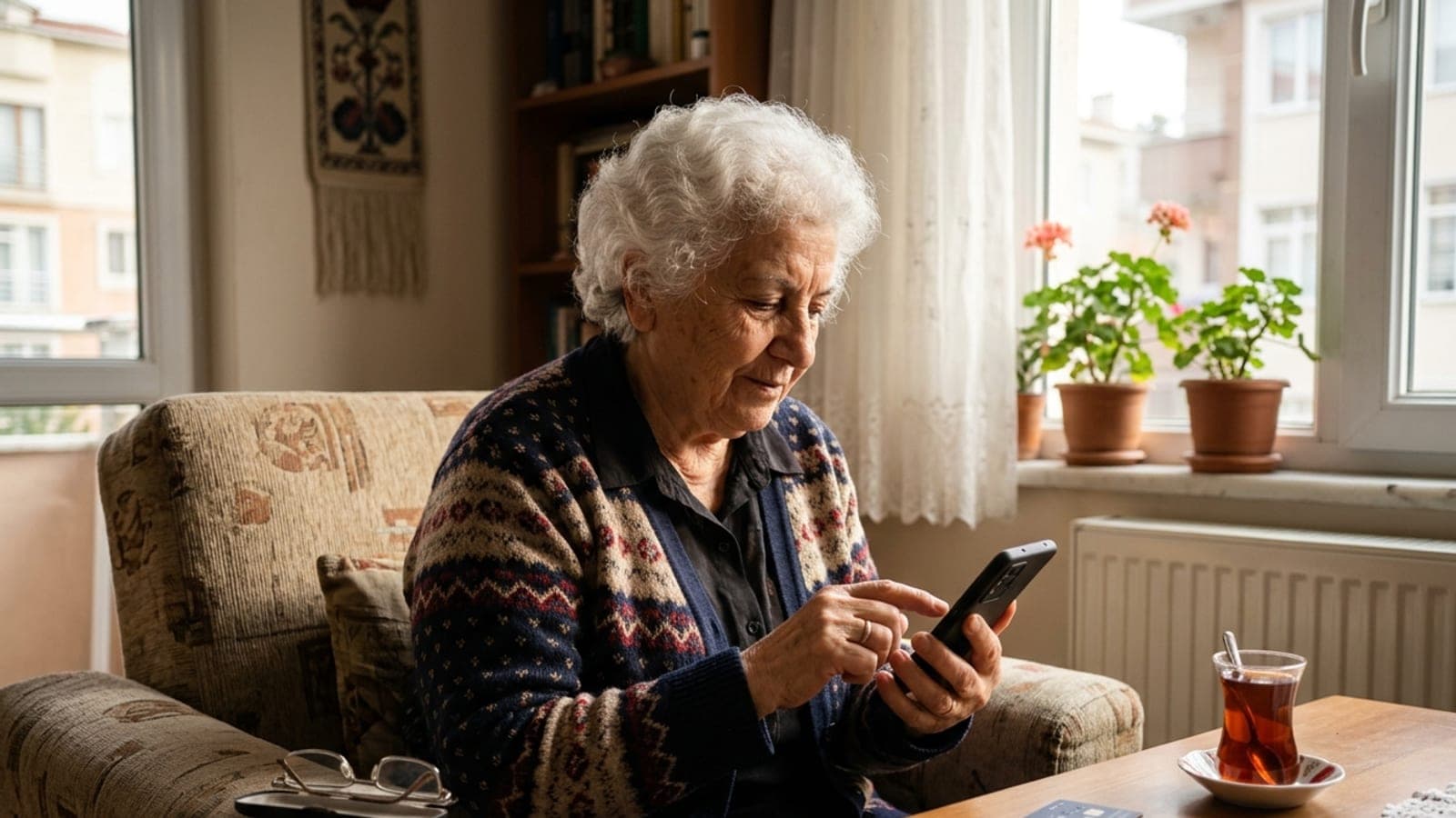 Emekli bir kadın evde akıllı telefonundan işlem yaparken, yanındaki sehpada banka kartı ve çay bardağı duruyor.