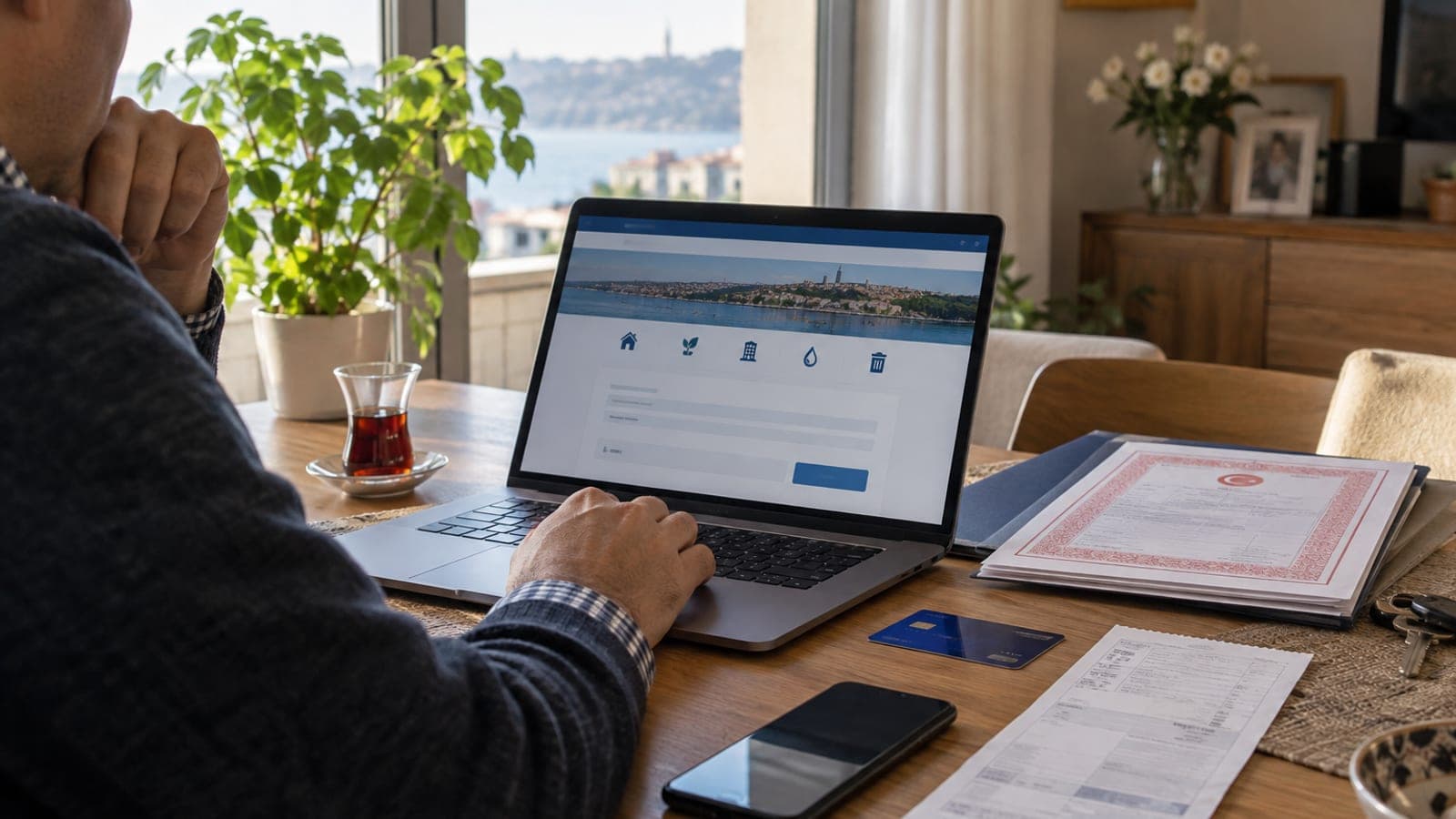 Masada dizüstü bilgisayar başında oturan kişi, yanında kredi kartı, vergi makbuzu ve tapu klasörüyle online ödeme yapıyor.