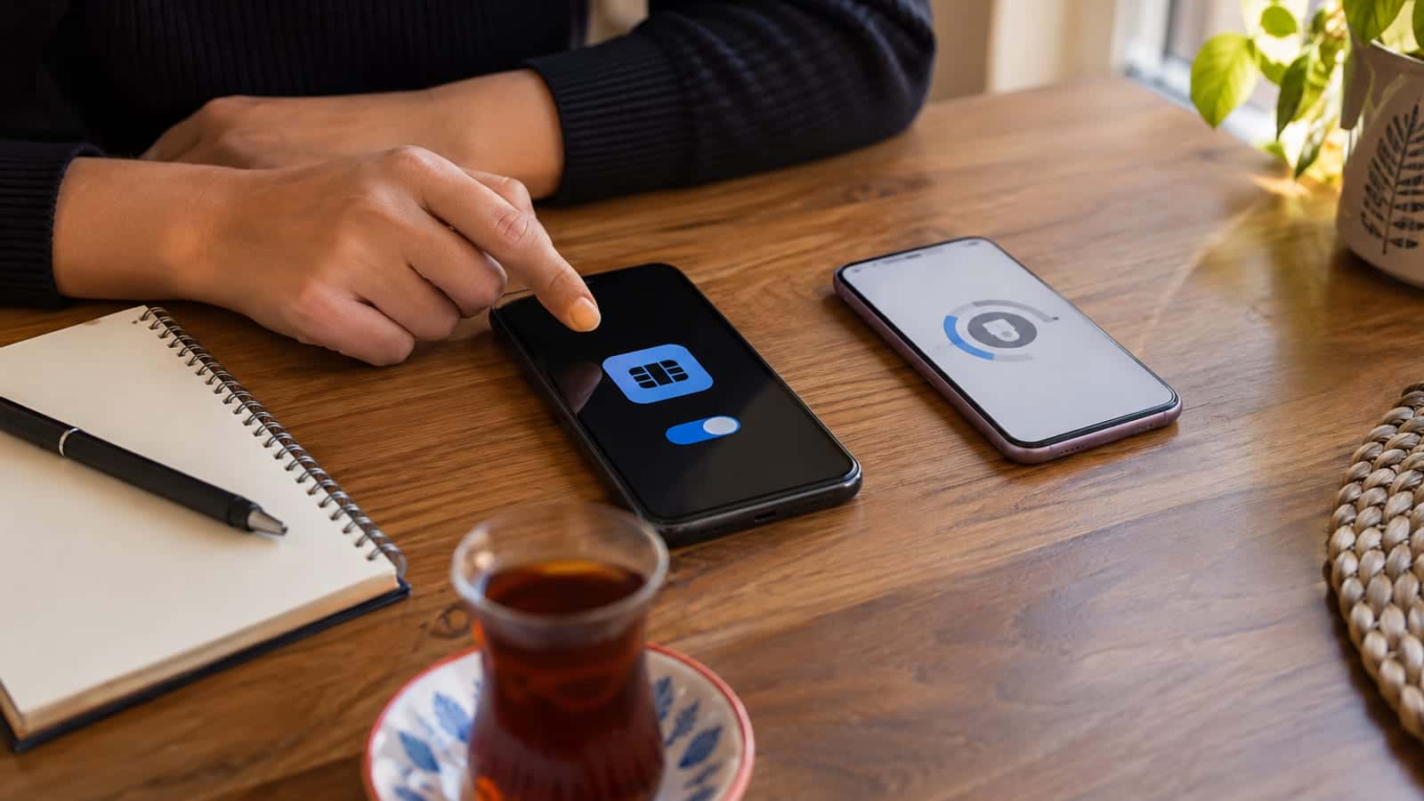 Masada eSIM ayarları ekranı açık bir telefon ve yanında doğrulama uygulaması gösteren ikinci bir telefon