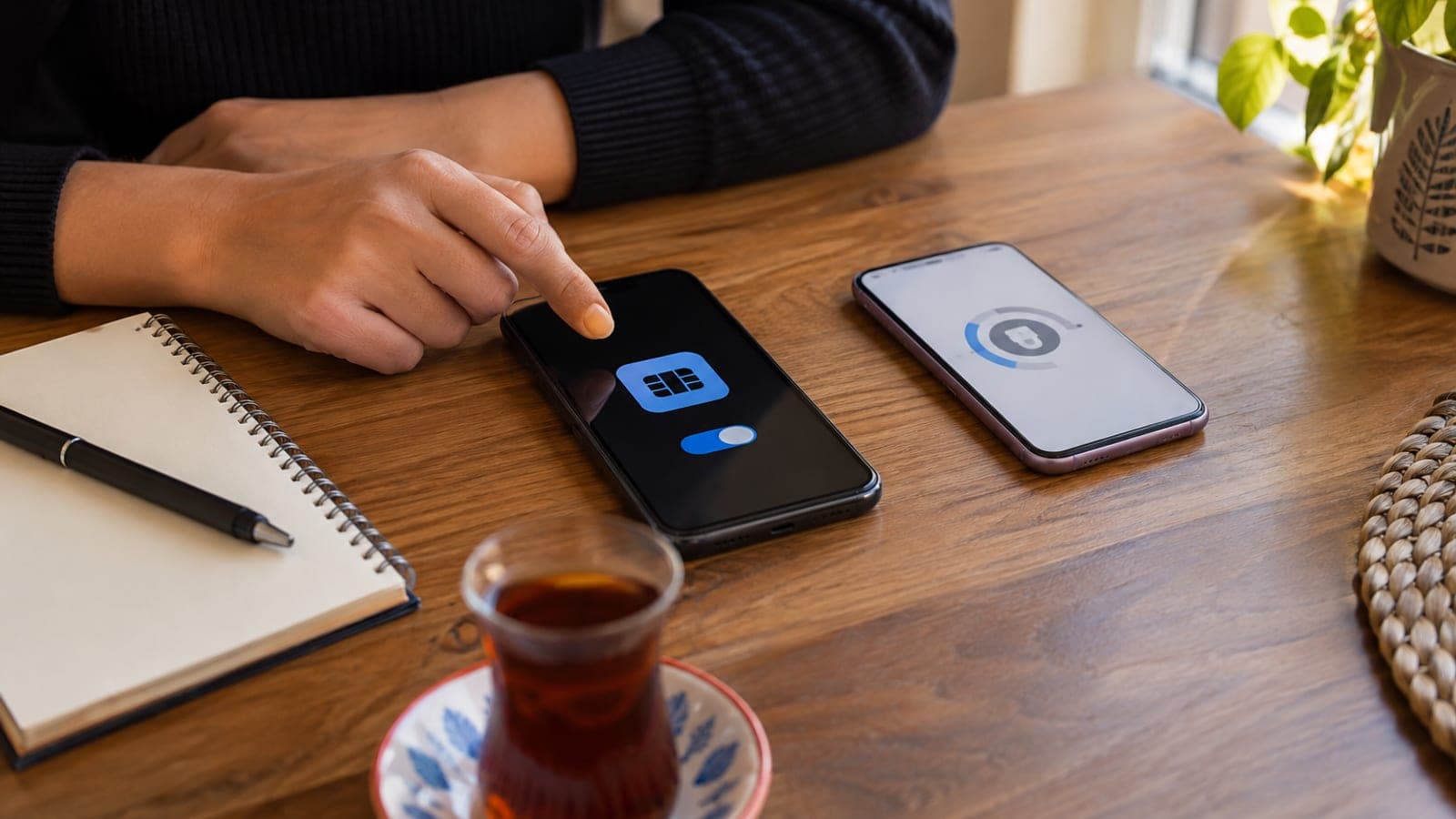 Masada eSIM ayarları ekranı açık bir telefon ve yanında doğrulama uygulaması gösteren ikinci bir telefon