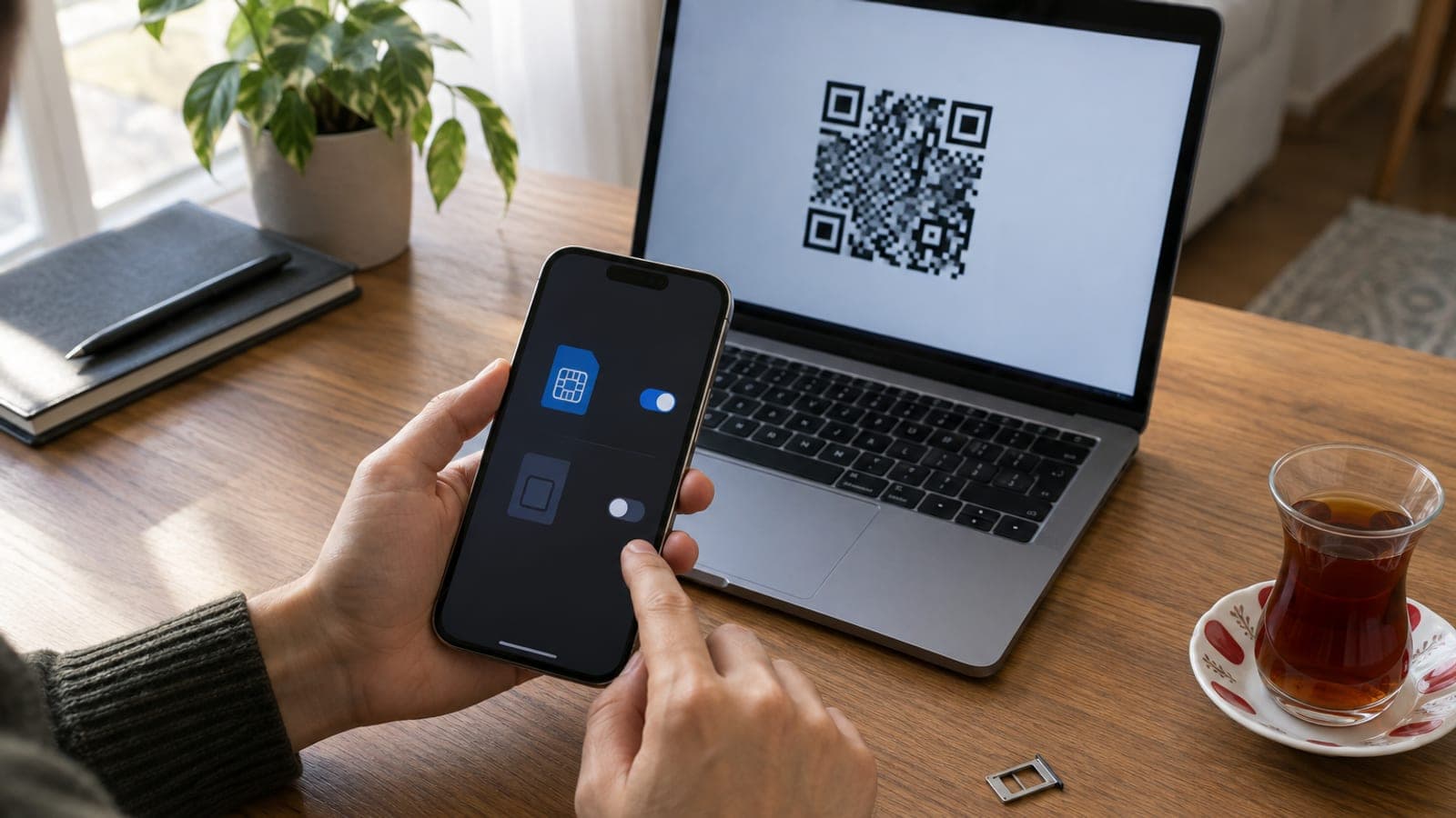 Masada SIM ayarları açık bir telefon, ekranında QR kod bulunan dizüstü bilgisayar, boş SIM tepsisi ve çıkarma iğnesi