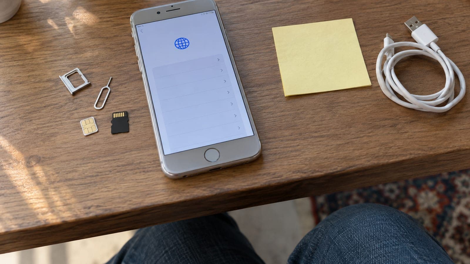 Masada sıfırlanmış eski bir telefon, yanında çıkarılmış SIM tepsisi, SIM iğnesi, hafıza kartı ve şarj kablosu