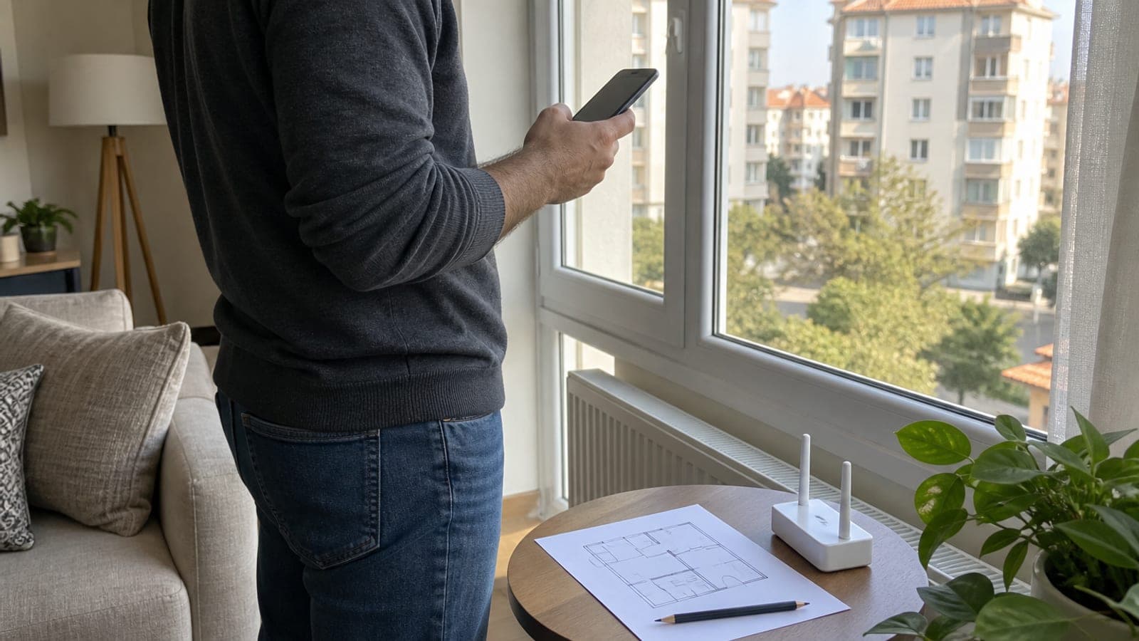 Pencere kenarında telefonundaki sinyal değerini kontrol eden kişi, sehpada elle çizilmiş oda planı ve küçük anten
