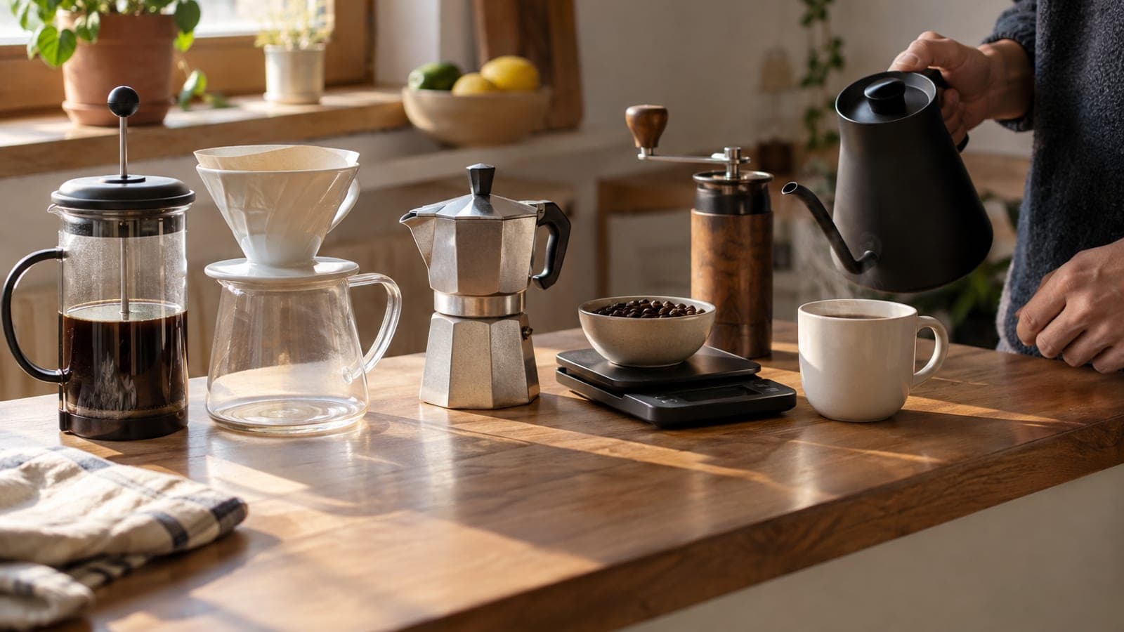 Mutfak tezgahinda French press, V60 dripper, moka pot, el degirmeni, terazi uzerinde kahve cekirdekleri ve buhari tuten bir fincan.