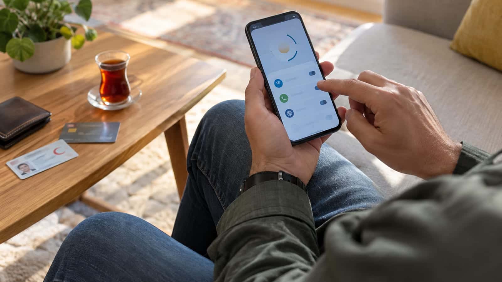 Salonda kanepede oturan bir kişi telefonunda tarife ayarlarını inceliyor; masada kimlik kartı, banka kartı ve çay bardağı duruyor.