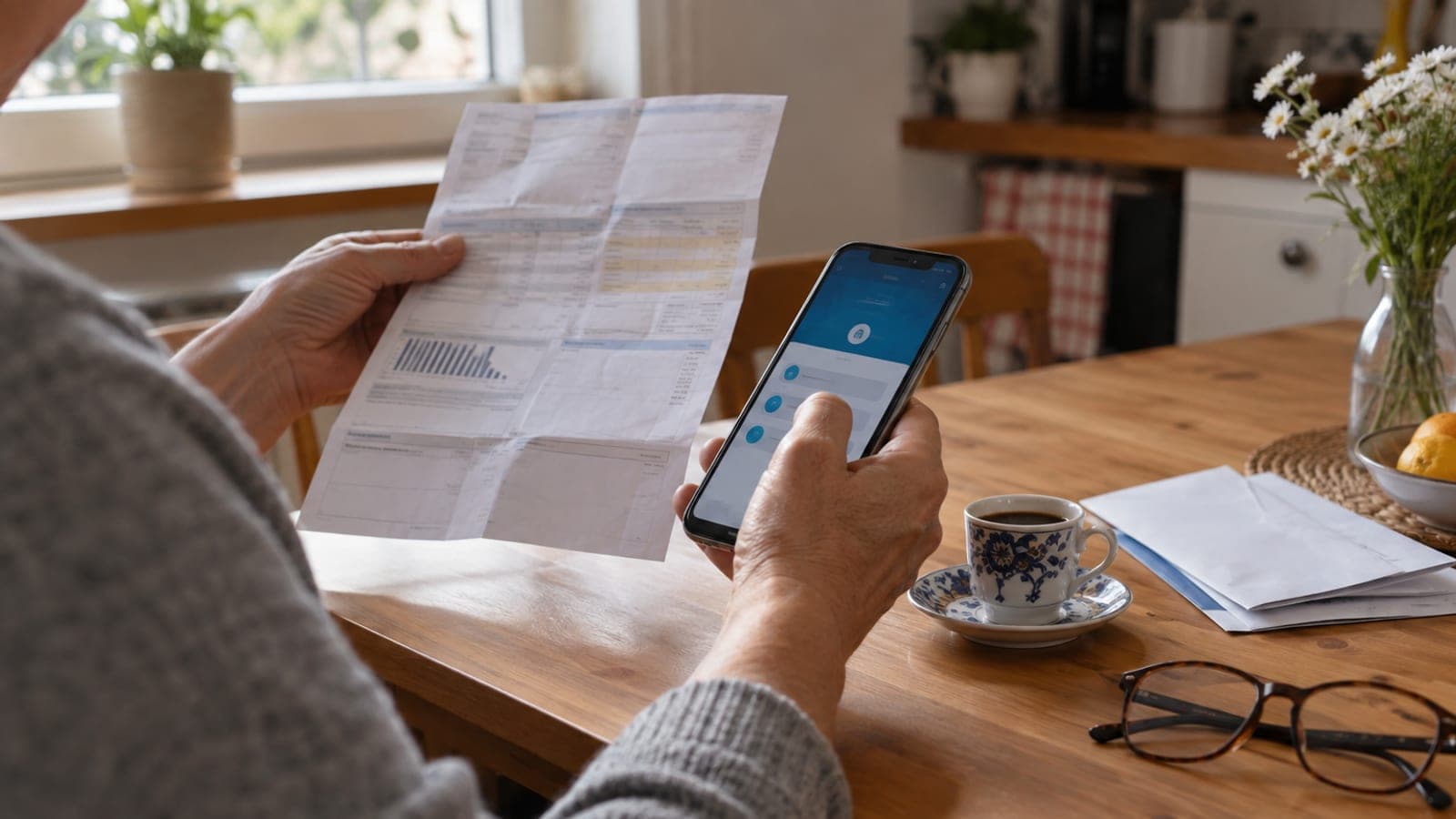 Mutfak masasında kağıt faturaya bakarken elindeki telefondan bankacılık uygulamasını kullanan kişi