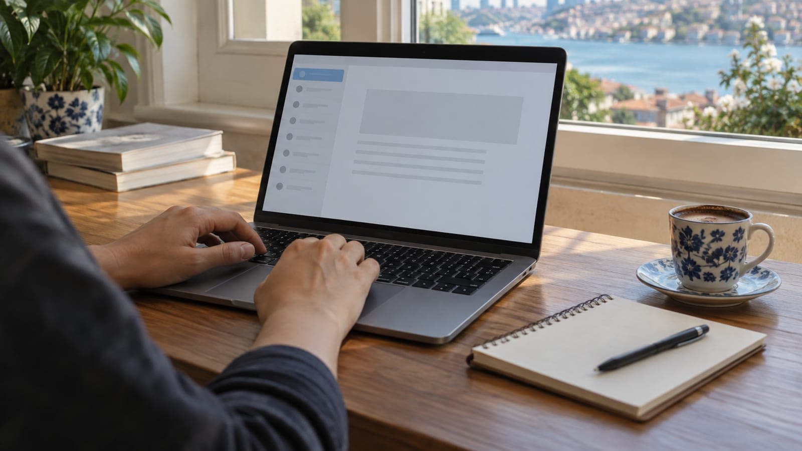 Çalışma masasında dizüstü bilgisayar, ekranında solda dikey sekme listesi olan tarayıcı penceresi ve yanında kahve fincanı