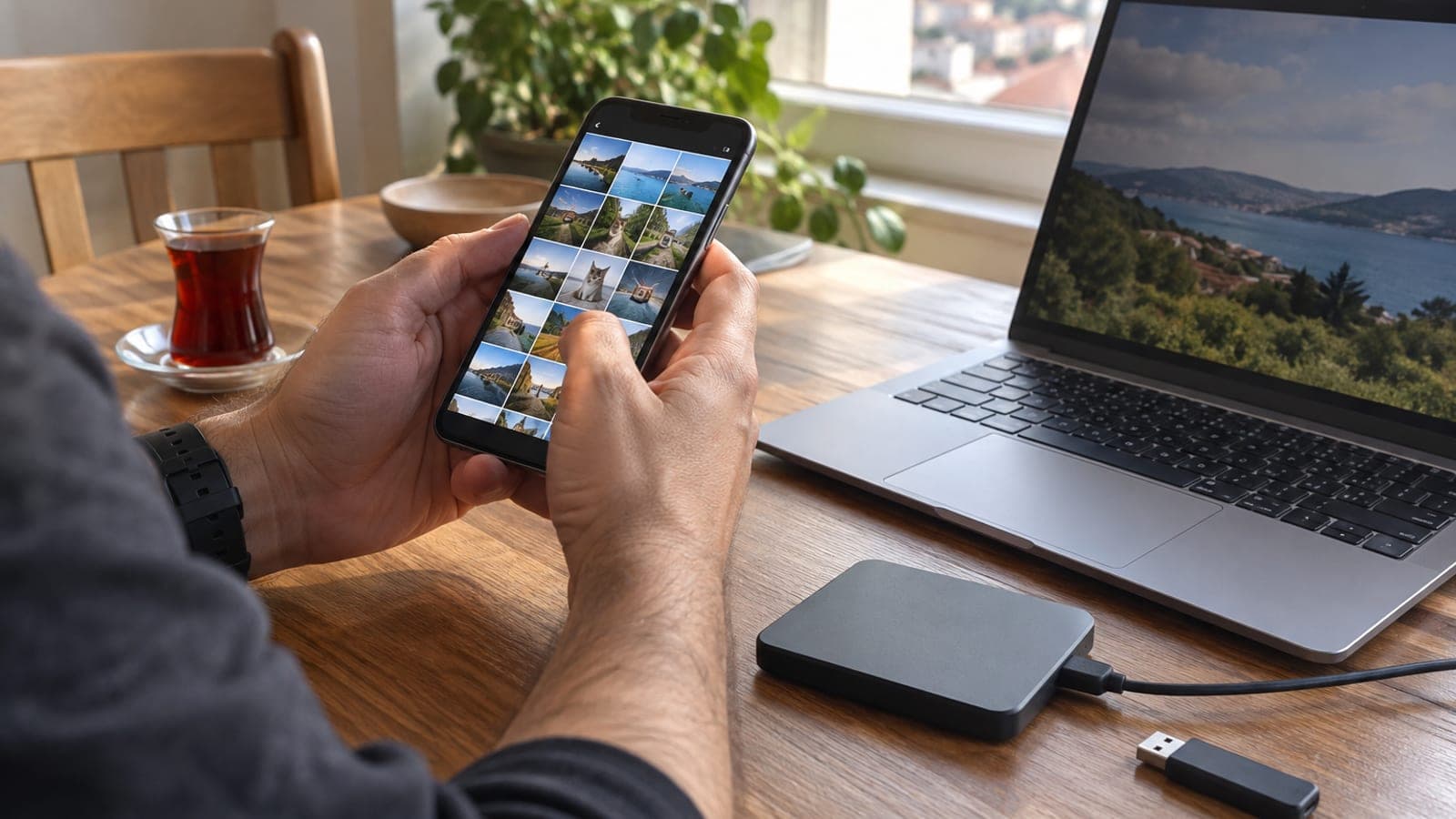 Masada telefonundaki fotoğraf galerisine bakan bir kişinin elleri, yanında harici disk ve dizüstü bilgisayar