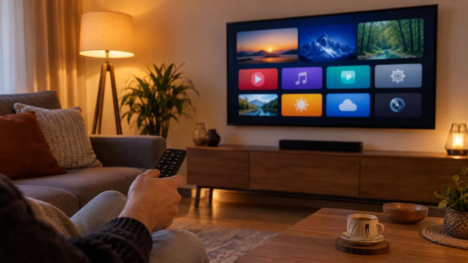 Oturma odasında duvara monte televizyonda sade bir uygulama ekranı, sehpada uzaktan kumanda ve kahve fincanı