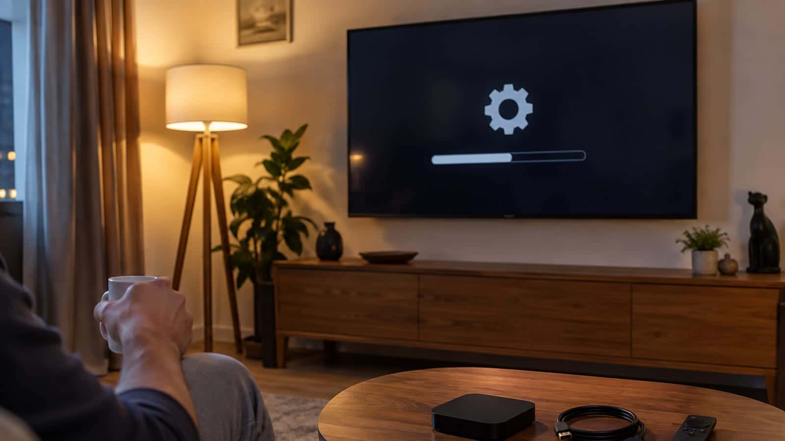 Televizyon ekranında güncelleme yükleniyor; sehpada küçük medya oynatıcı kutusu ve uzaktan kumanda duruyor.