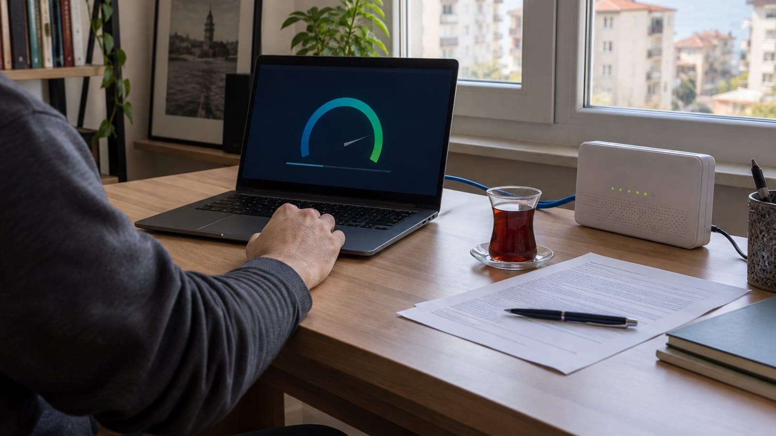 Masada ethernet kablosuyla modeme bağlı dizüstü bilgisayarda hız testi göstergesi, yanında sözleşme kâğıdı ve çay bardağı