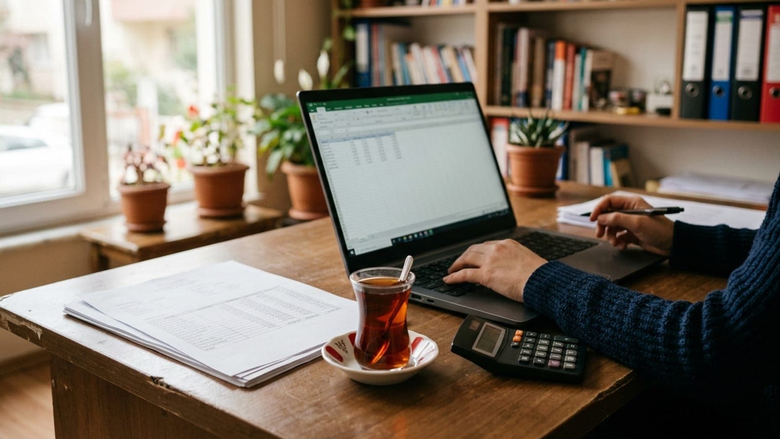 Ofis masasında ücret bordrosu, hesap makinesi ve resmi site açık dizüstü bilgisayar