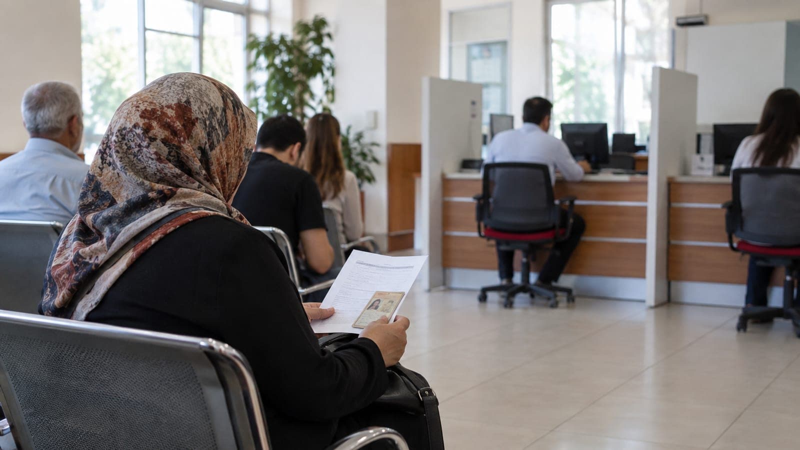 Nüfus müdürlüğü bekleme salonunda elinde dekont ve kimlik kartı tutarak sırasını bekleyen bir kadın, arkada gişeler görünüyor.