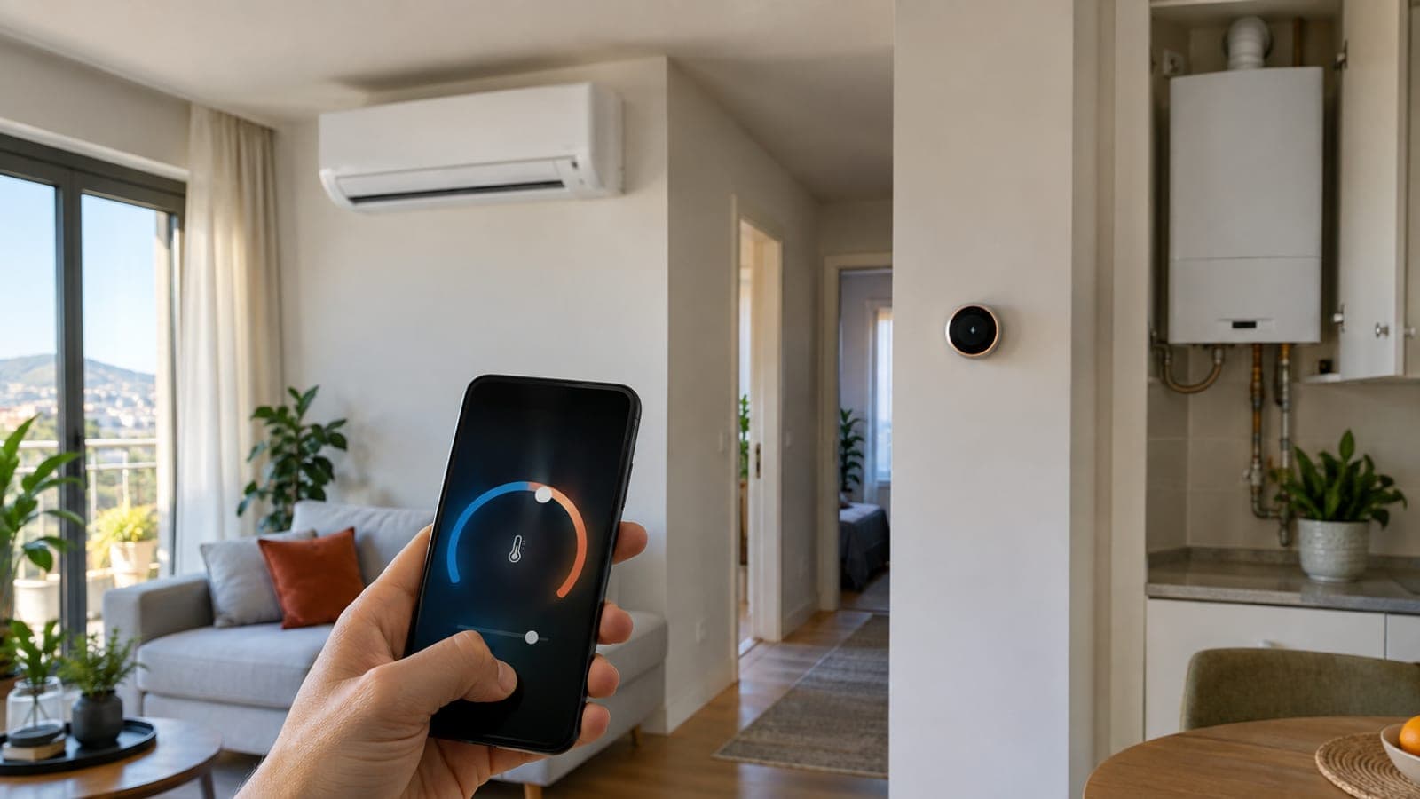 Salonda telefonuyla sıcaklık ayarlayan bir el; arkada duvarda split klima ve koridorda yuvarlak akıllı oda termostatı görünüyor.