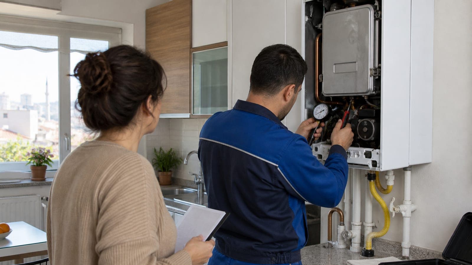 Mutfak duvarındaki açık kapaklı kombiyi kontrol eden tulumlu teknisyen ve yanında servis formu tutan ev sakini.
