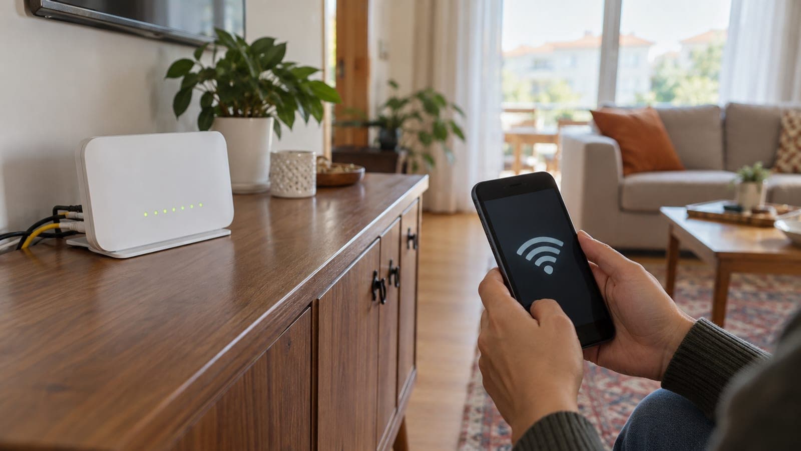 Salondaki konsol üzerinde ışıkları yanan beyaz modem ve yanında Wi-Fi sinyallerini gösteren telefon tutan bir el.