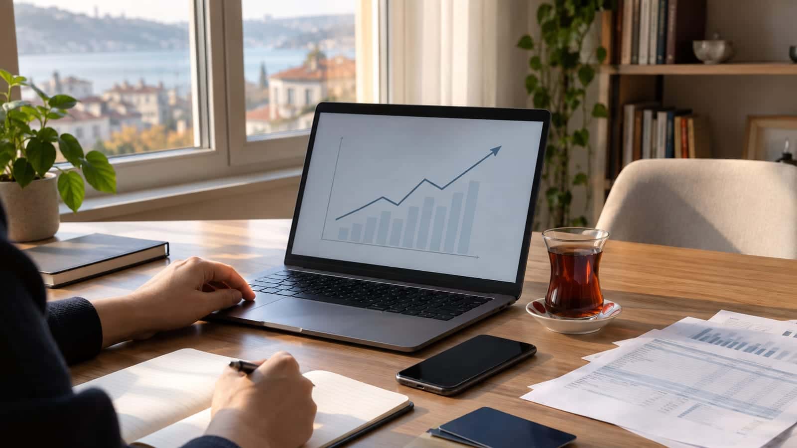 Ev masasında dizüstü bilgisayarda yükselen bir grafik, yanında telefon, kredi kartları ve ekstre kâğıtları