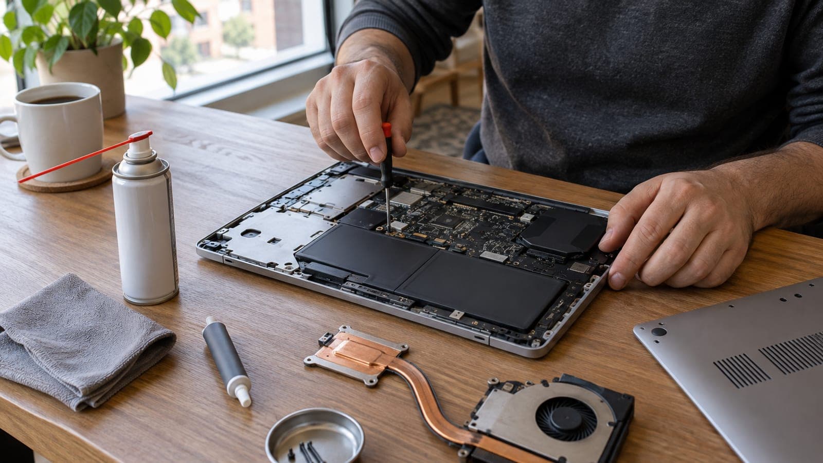 Alt kapağı sökülmüş laptopun içindeki fan ve ısı borusu; masada basınçlı hava spreyi, tornavida ve termal macun tüpü.